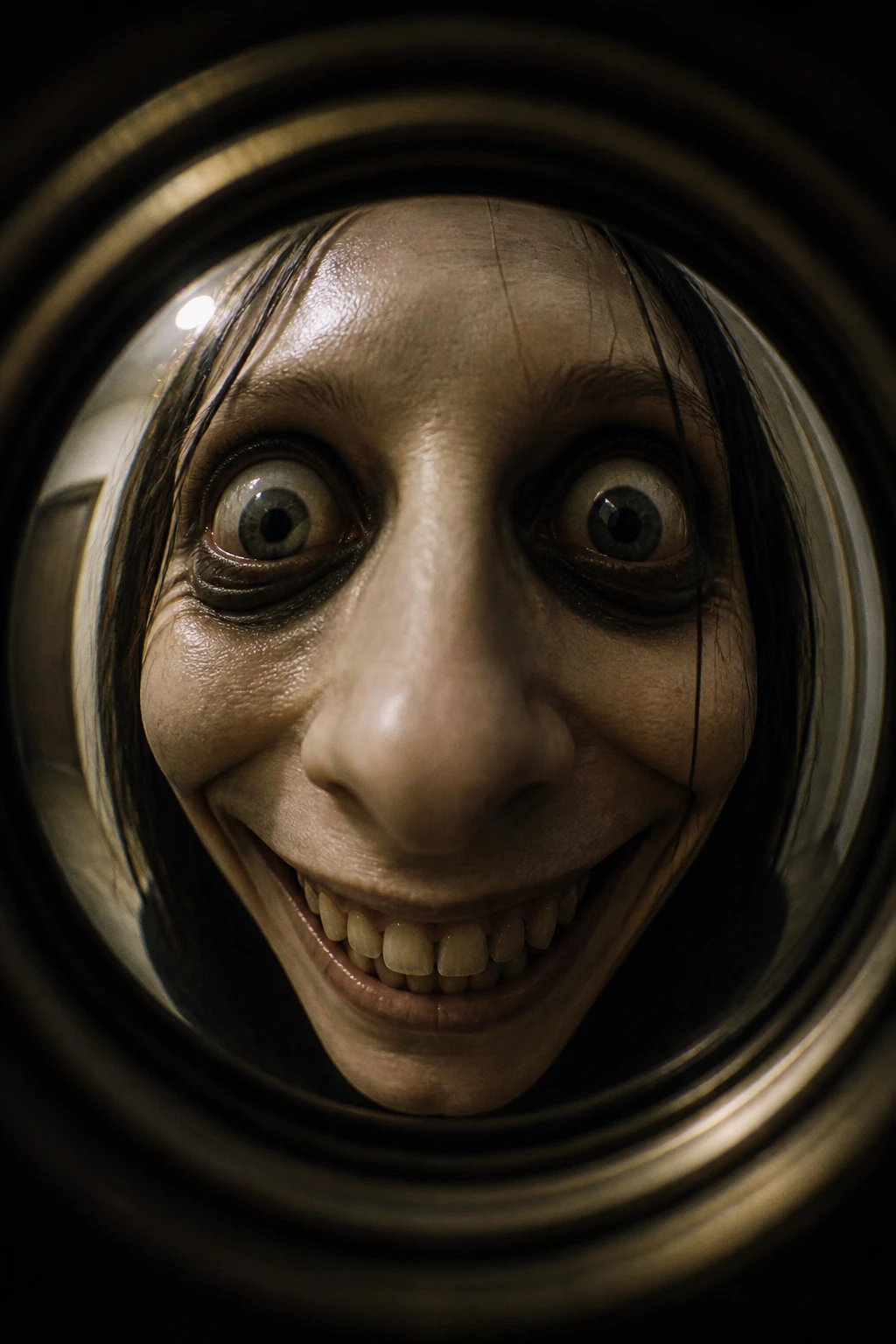 Creepy face framed through a round fisheye door peephole