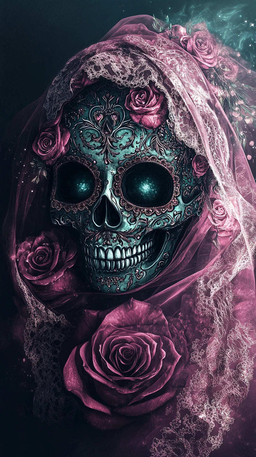 Sugar skull wrapped in flowing silk and lace veil