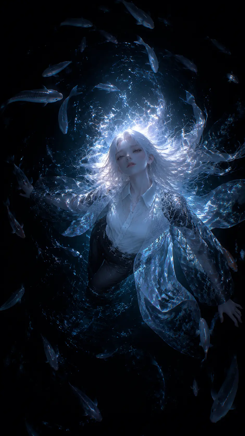Ethereal anime woman glowing in dark underwater space