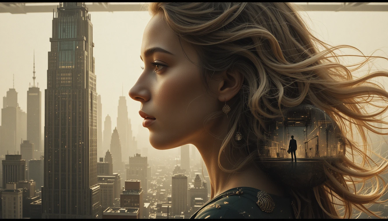 Surreal double exposure woman with futuristic cityscape profile