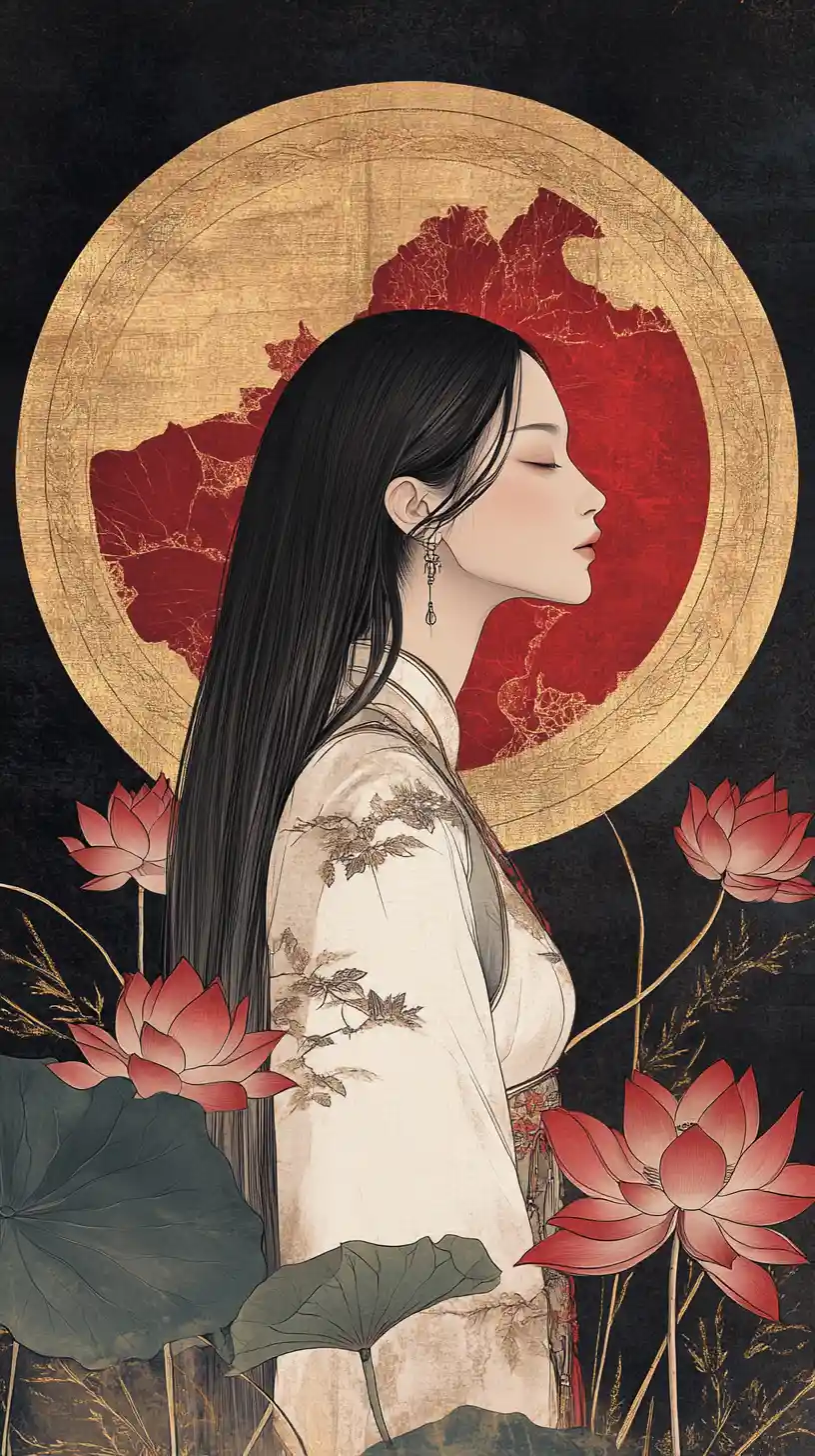 Serene Vietnamese woman in profile with lotus flowers