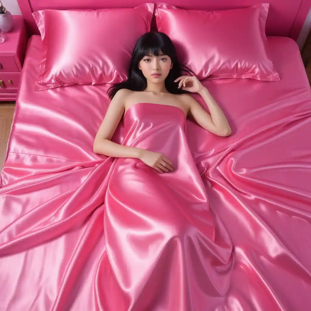 Japanese woman lying on hot pink satin bed sheets