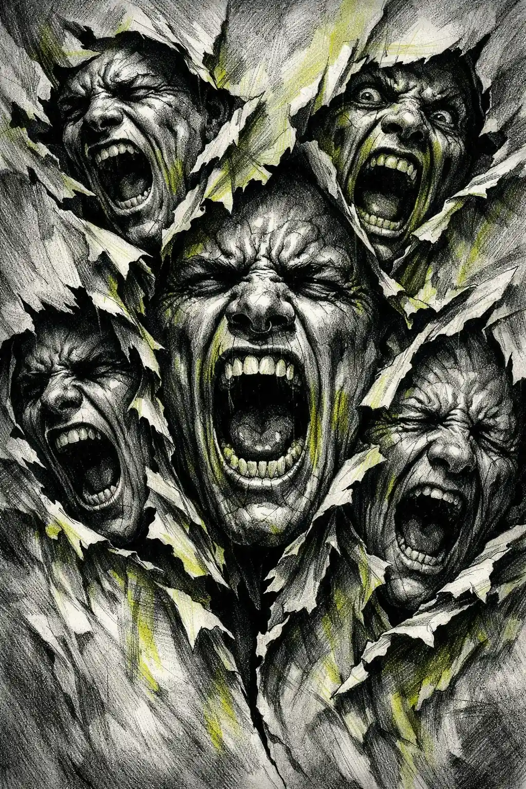 Multiple screaming faces tearing through paper in close up