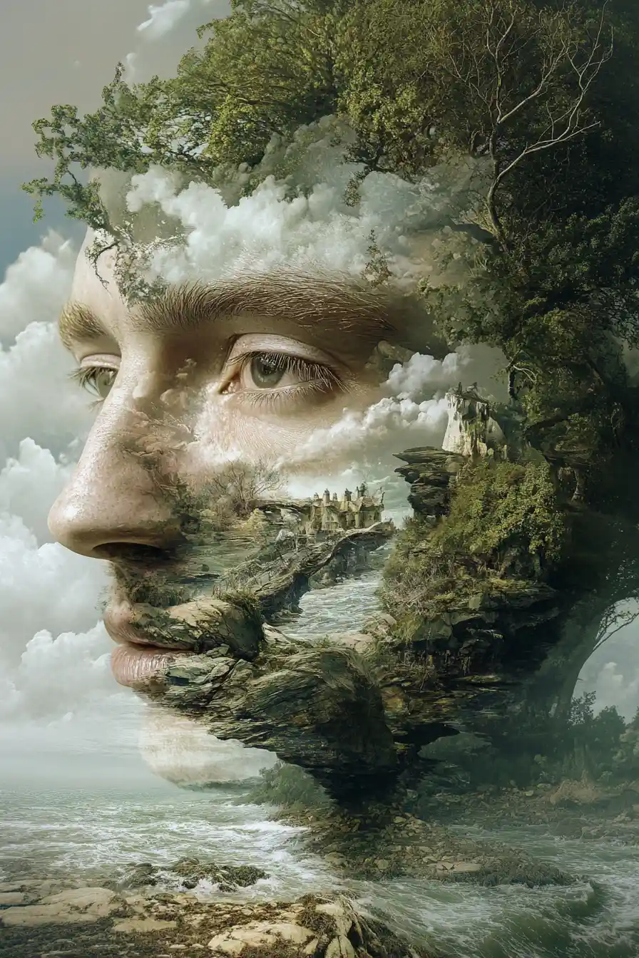 Surreal illusion scene with multiple images blending together