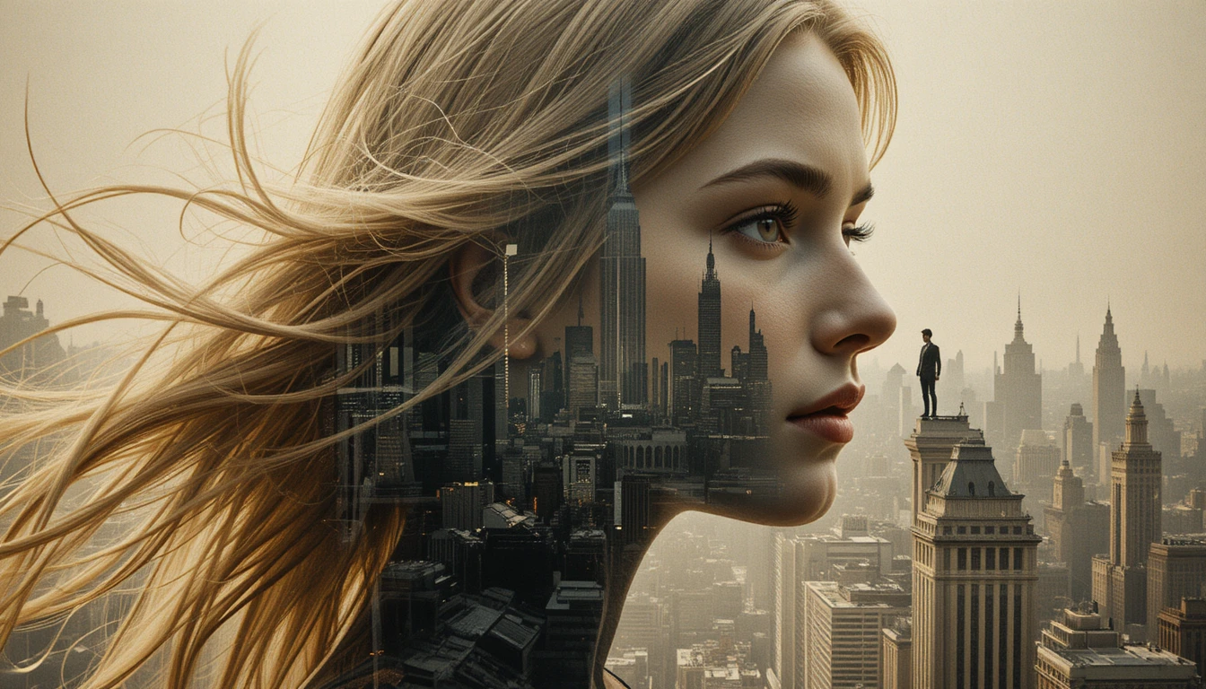 Surreal double exposure woman with futuristic city profile