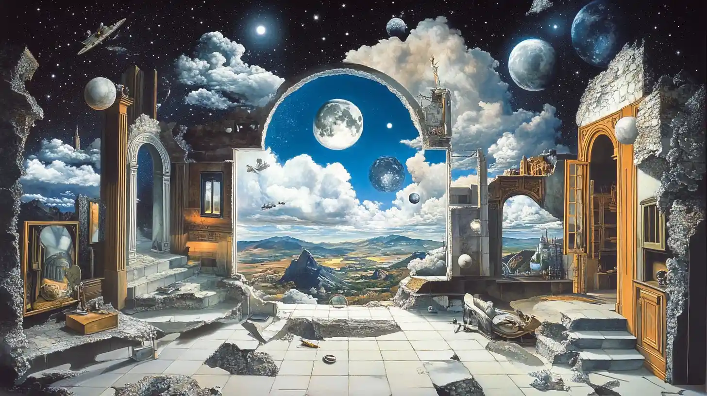 Surreal optical illusion scene blending reality and fantasy