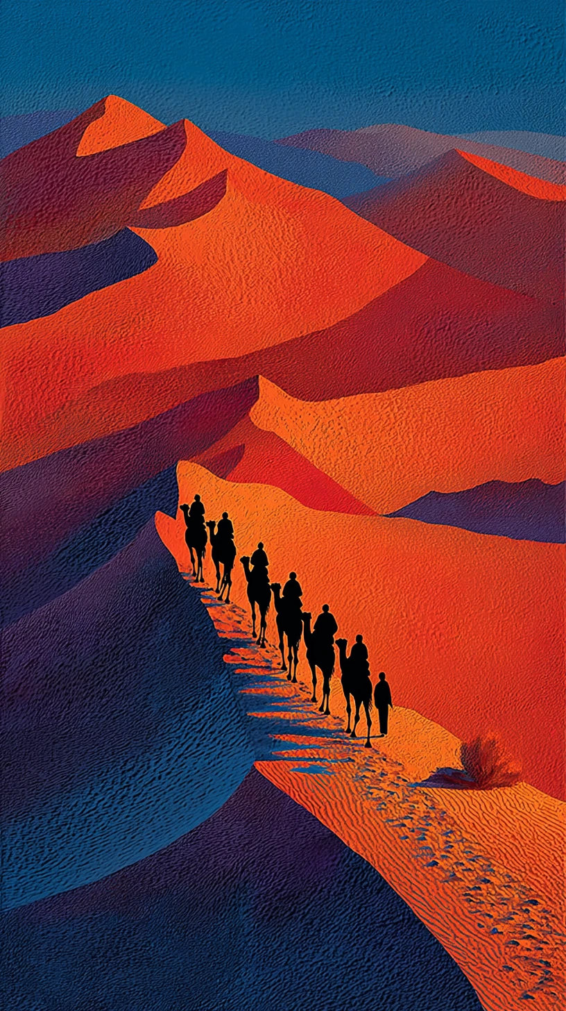 Tuareg camel caravan crossing sunlit Saharan dunes