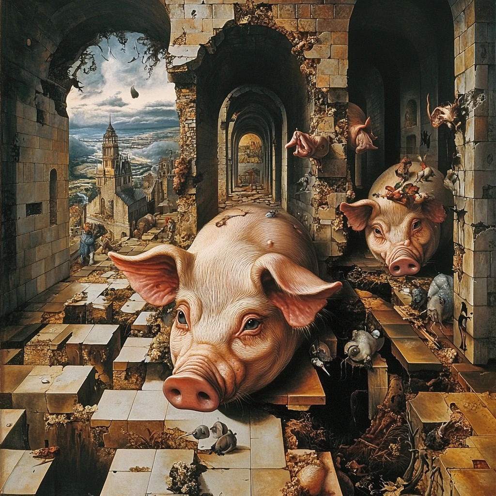 Surreal illusion of a pig in a multi layered scene