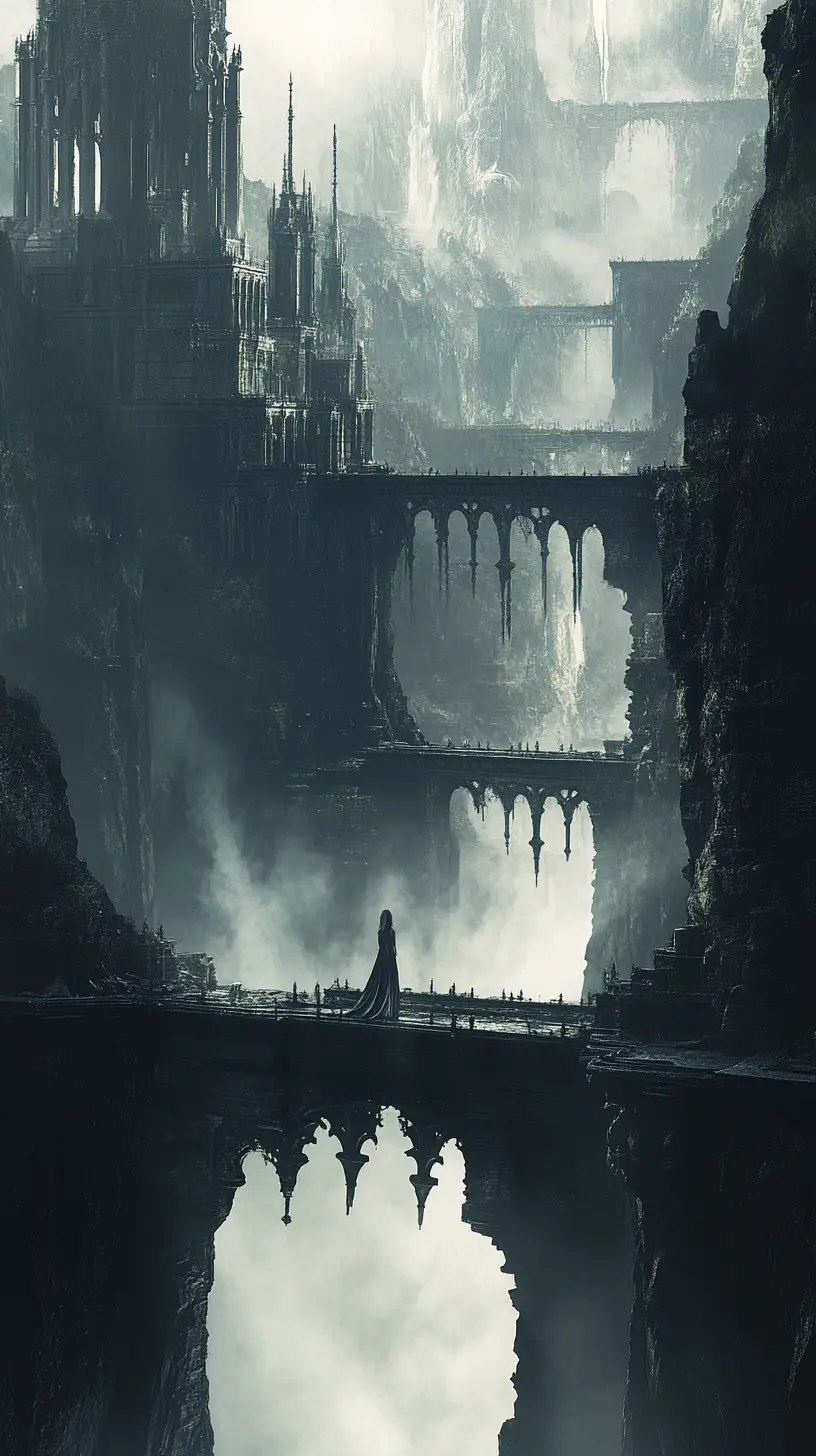 Mystical woman emerging from a gothic city of the subconscious