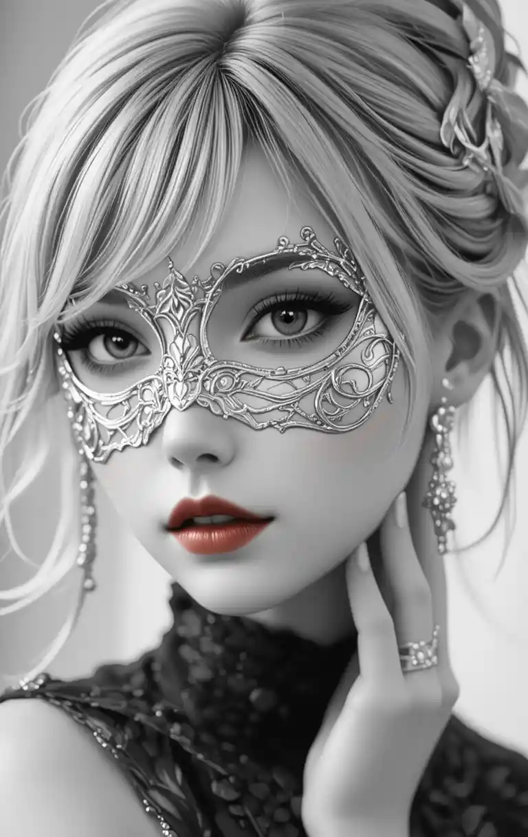 Close up woman in ornate white metallic masquerade mask