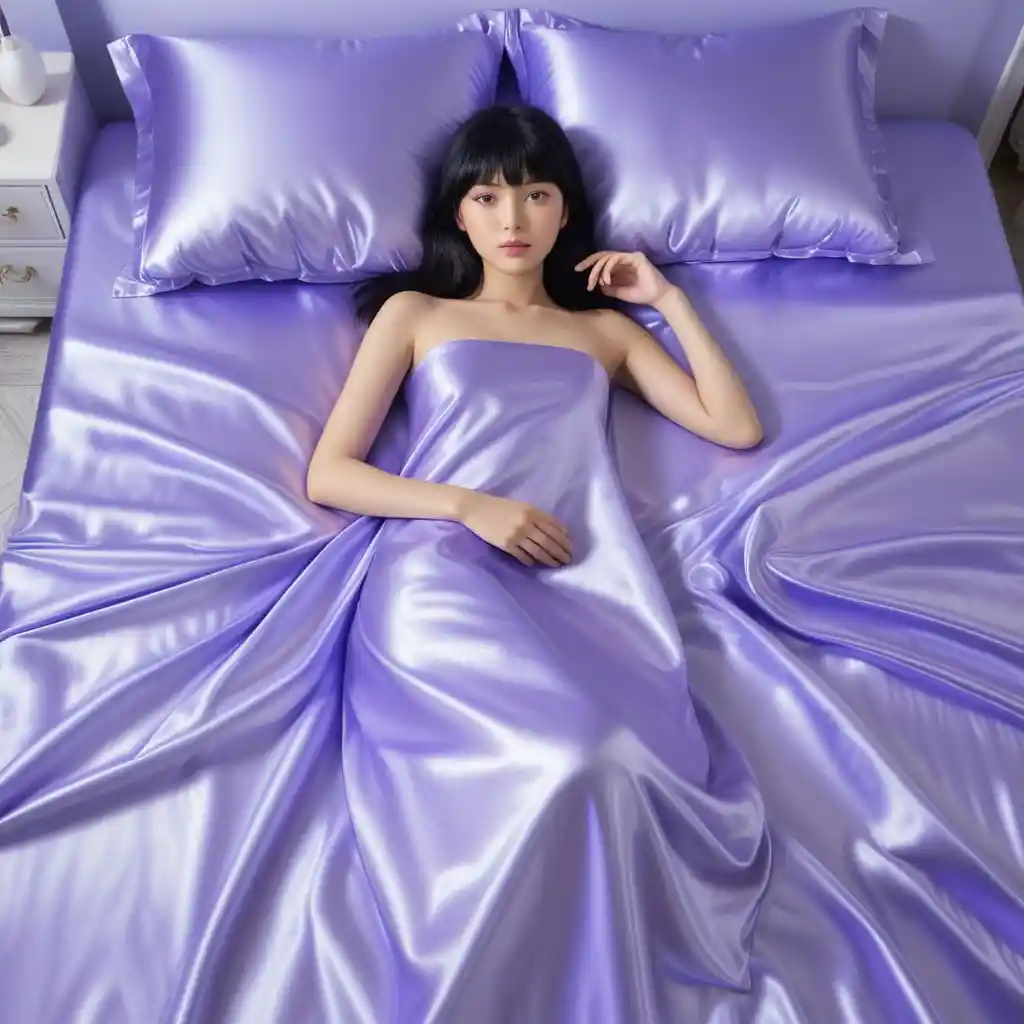Japanese woman lying on glossy lavender satin bed sheets