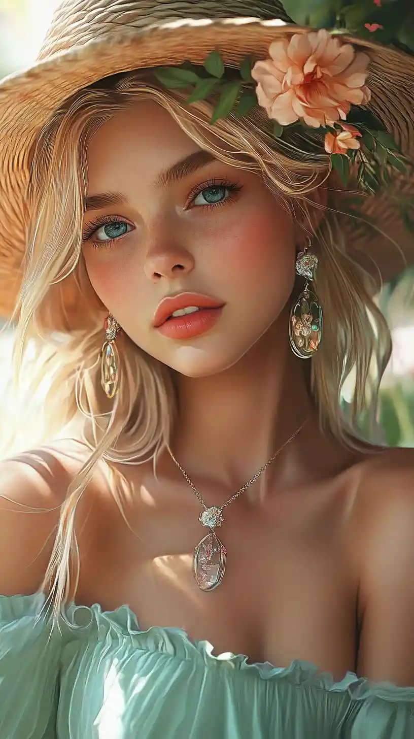 Blonde girl in straw hat with flowers and green dress