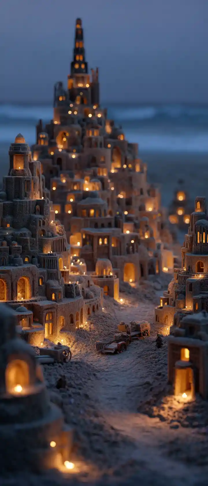 Fantastical sandcastle city on a twilight beach