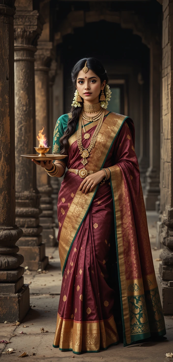 South Indian bride in kanchipuram silk at temple