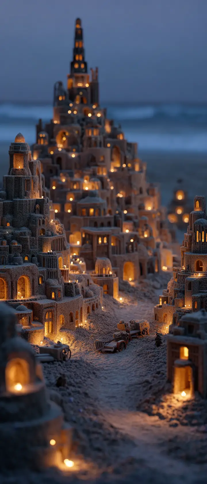 Fantastical sandcastle city on a twilight beach