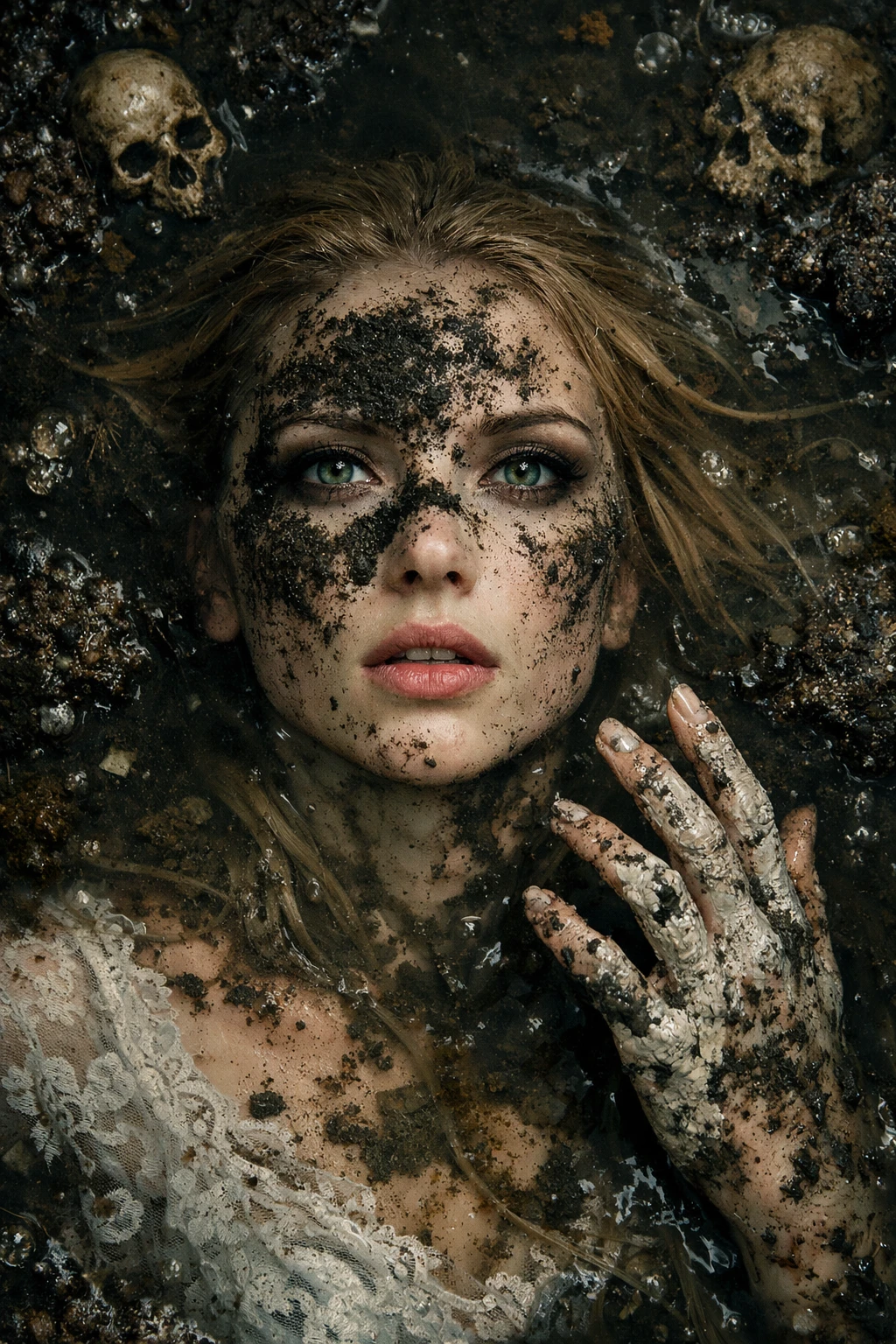 Woman submerged in dark swamp water with skulls