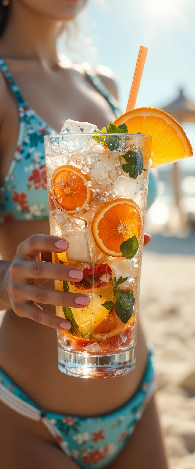 Close up tropical cocktail held on a sunny beach