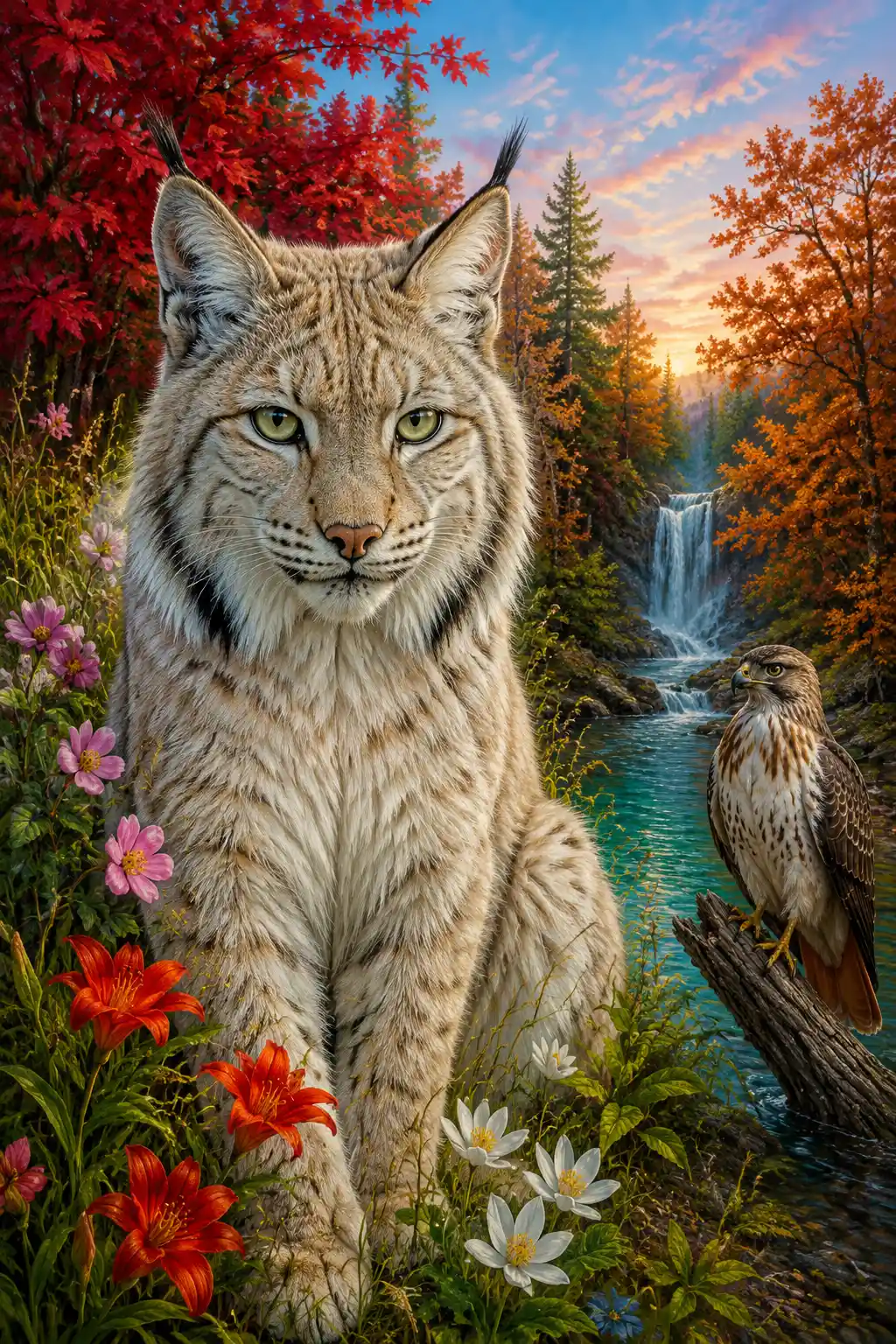Close up painting of an arctic lynx in autumn grass
