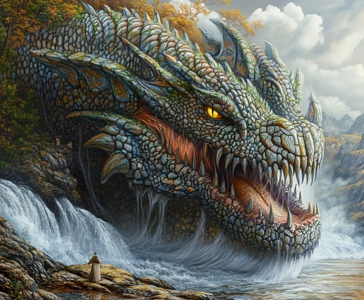 Surreal dragon illusion forming multiple overlapping scenes