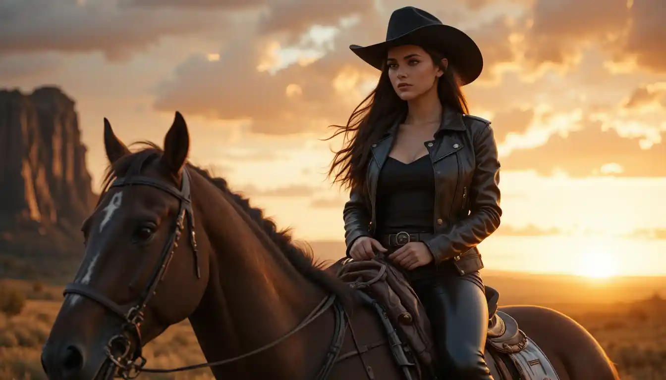 Woman riding a brown horse at sunset in open countryside
