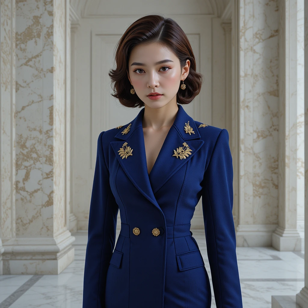 Korean woman in structured blue 1940s victory suit dress