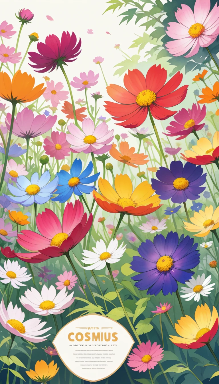 Colorful vector cosmos flowers in abstract graphic flyer design