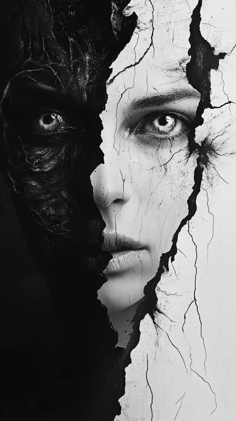 Surreal split face portrait in stark monochrome contrast