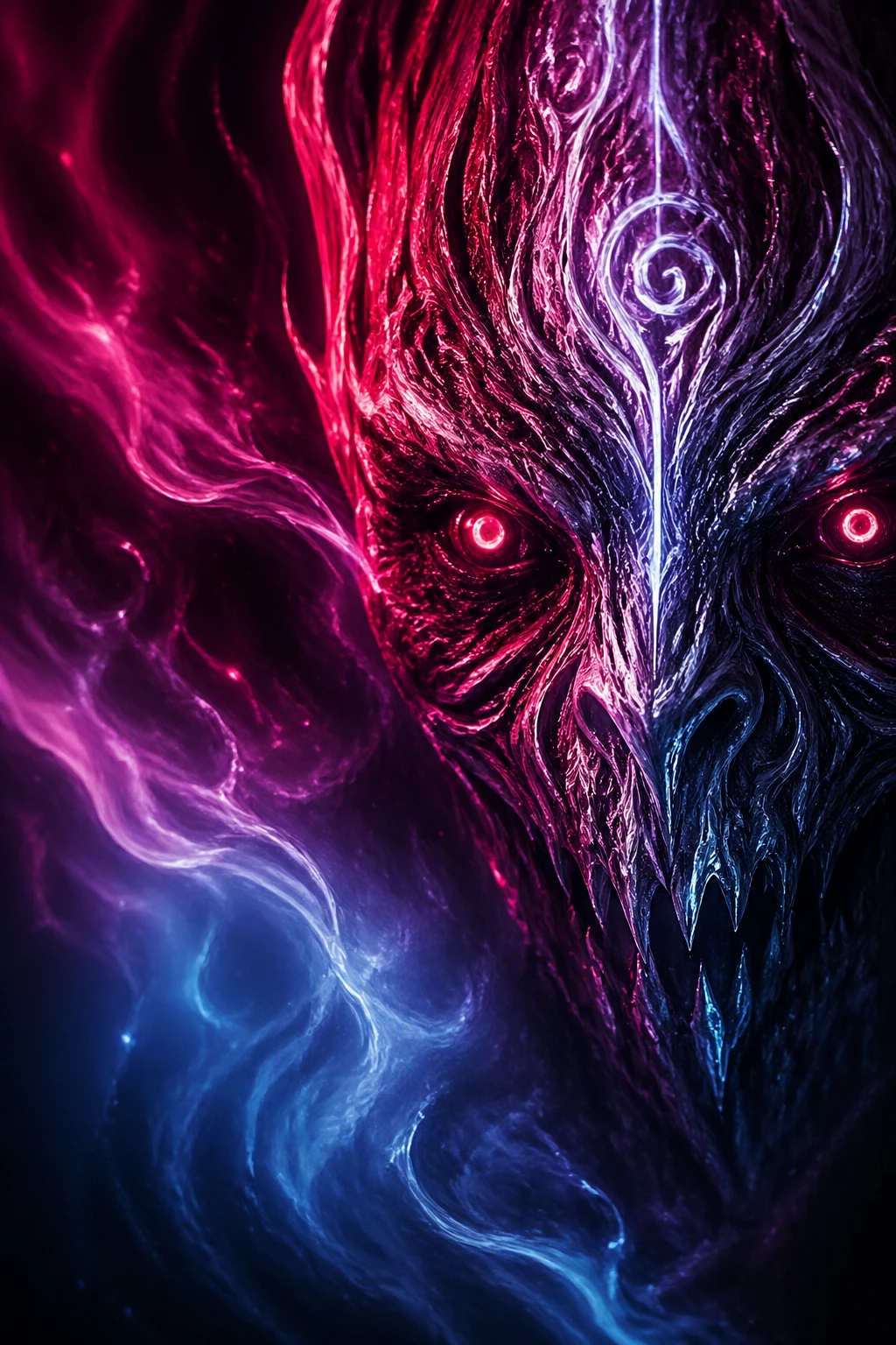Ethereal neon monster emerging from a dark gradient
