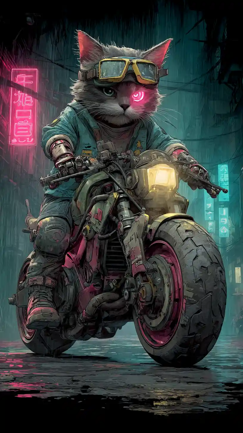 Gatto cibernetico meccanico che ripara una moto in un vicolo al neon