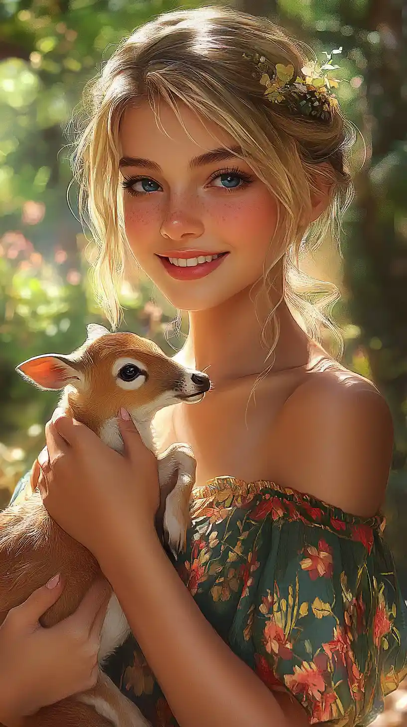 Smiling blonde girl holding a fawn in a gentle embrace