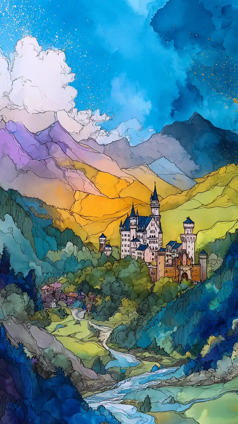 Colorful watercolor painting of a mountain castle scene