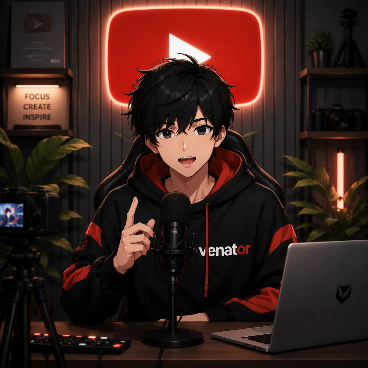 Anime boy streaming at a desk with microphone and laptop