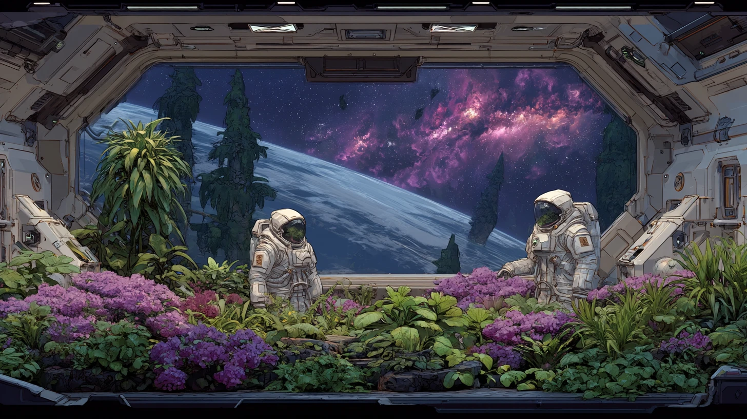 宇宙飛行士と植物がいる未来的な宇宙ステーションの温室