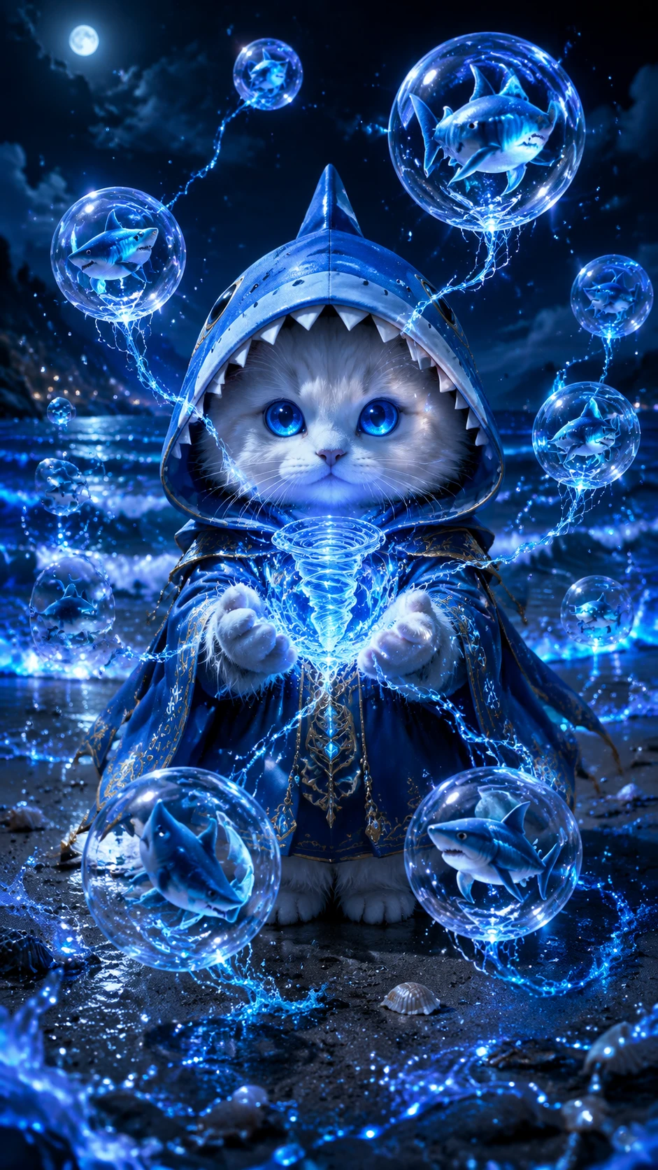 Chubby anime kitten mage summoning glowing water magic orbs