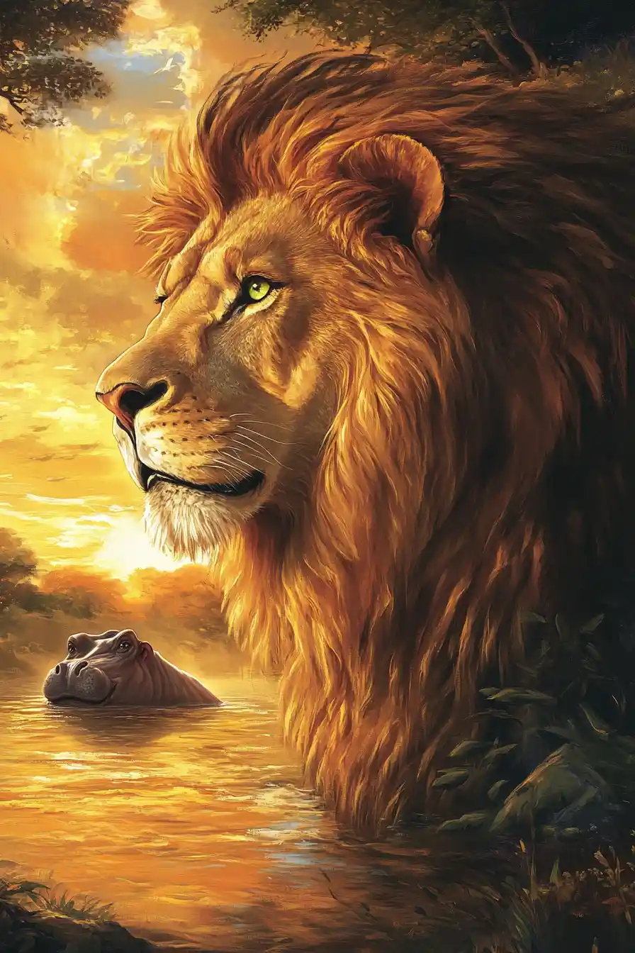 Majestic lion on a riverbank at sunset in profile view