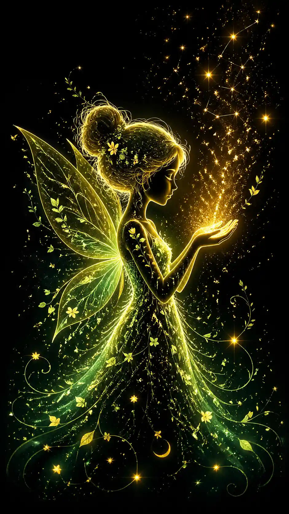 Glowing fairy silhouette holding shimmering stardust in darkness