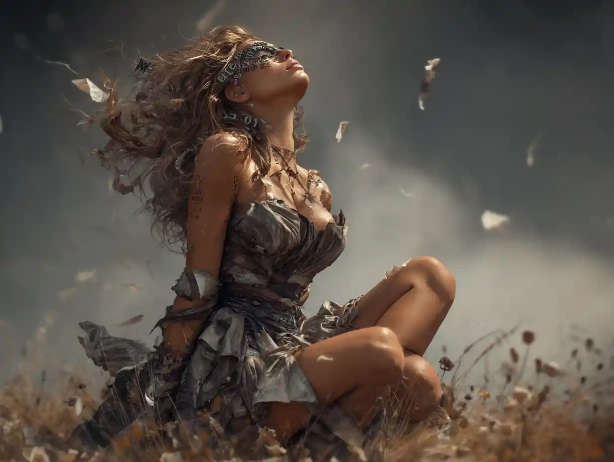 Dark fantasy woman in tattered dress on barren grassland