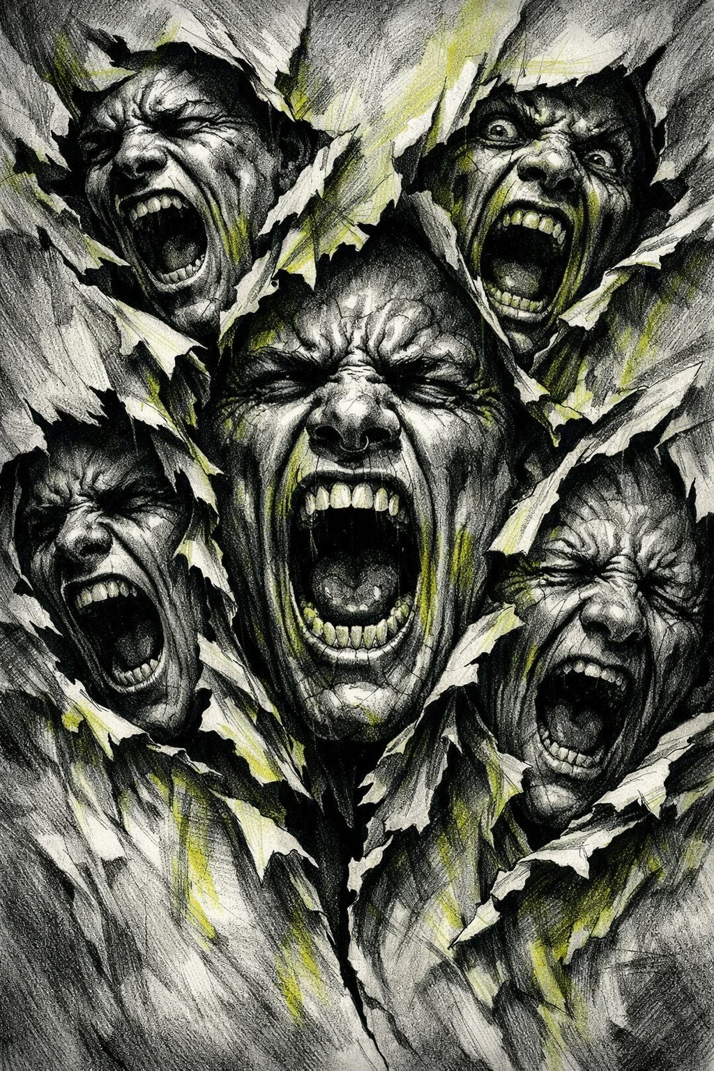Multiple screaming faces tearing through paper in close up