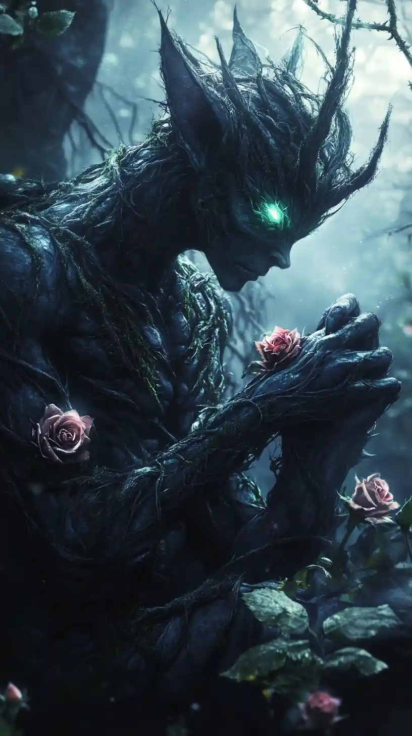 Dark fae creature hiding its face in an enchanted forest