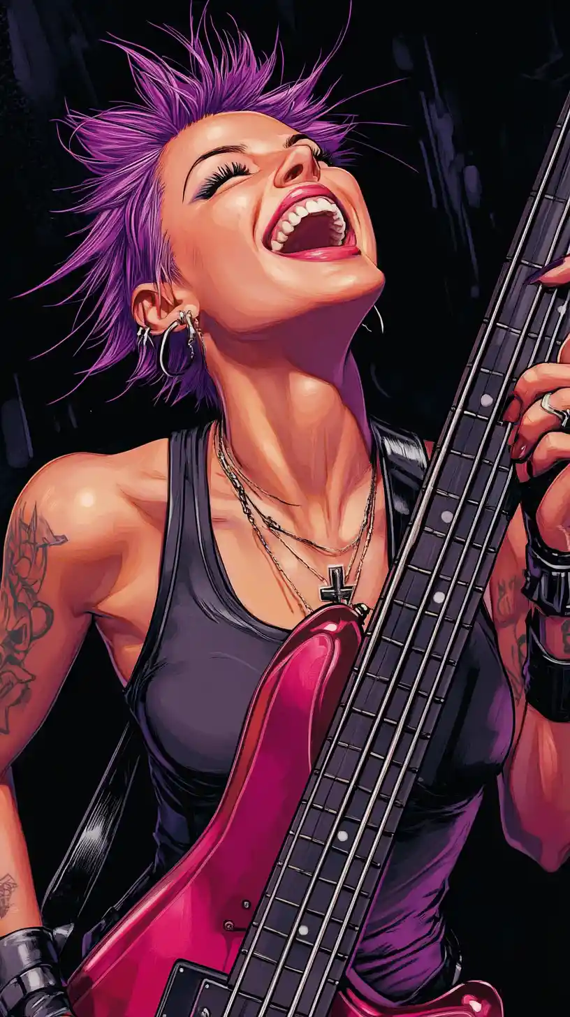 Energetic female bassist with pink guitar on black background