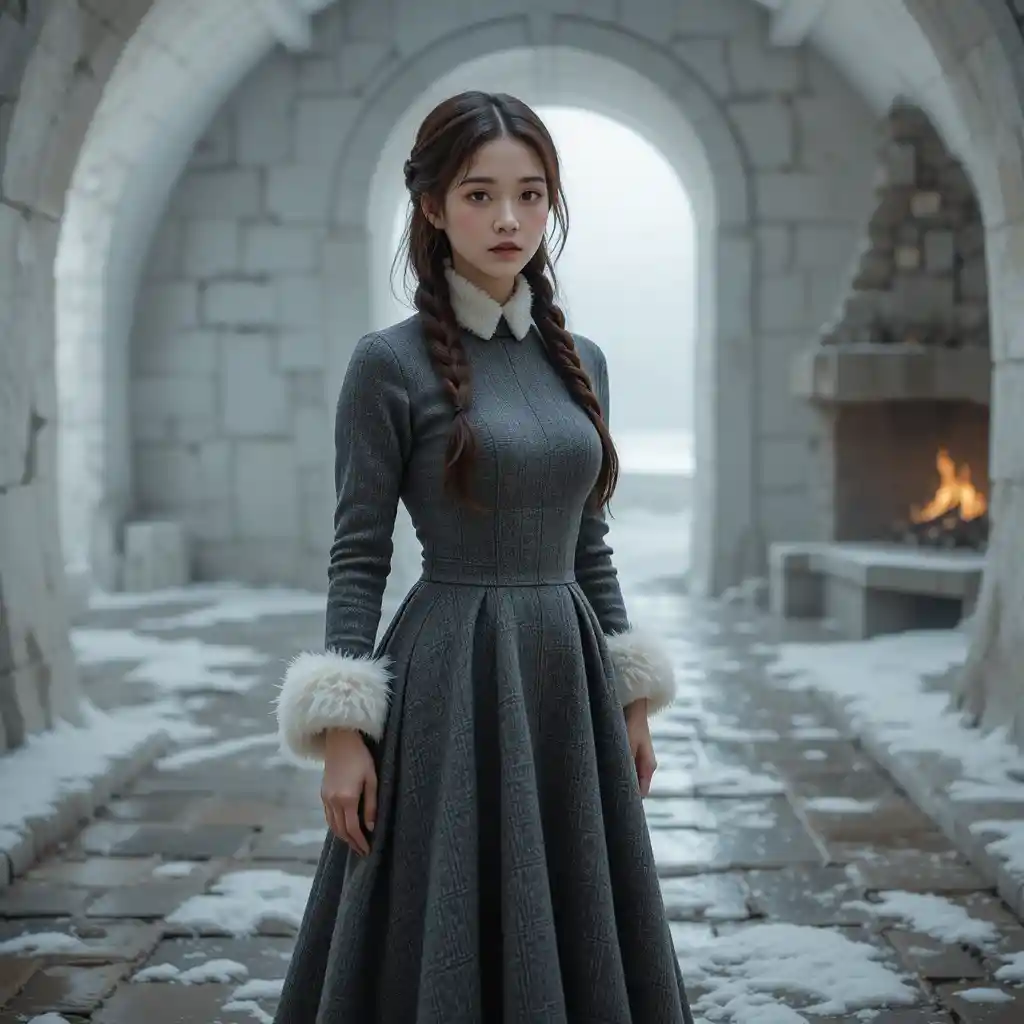 Korean woman in grey tweed tea dress with fur trim