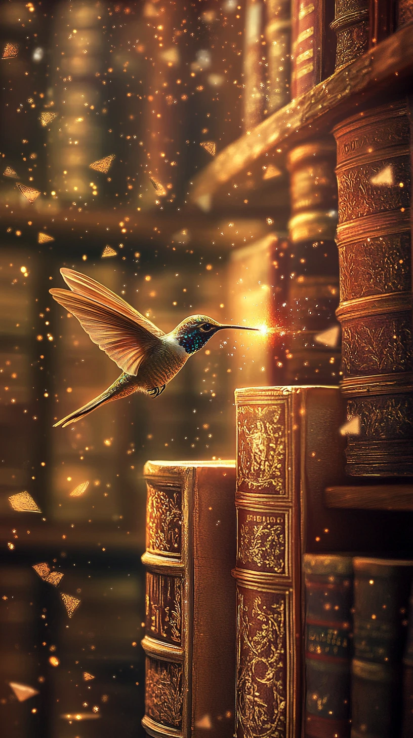 Magical bookshelf glowing in warm golden hour library light