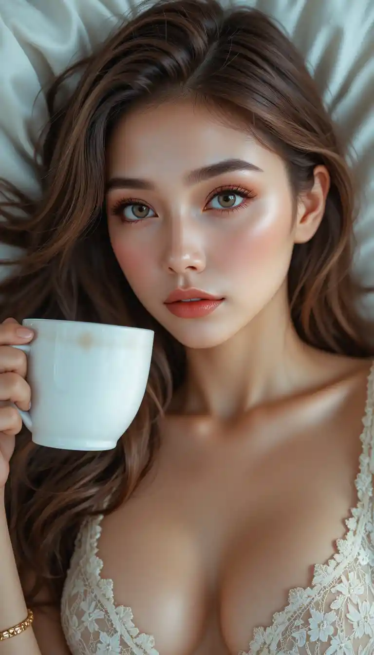 Cinematic portrait of a woman with hazel eyes in bed