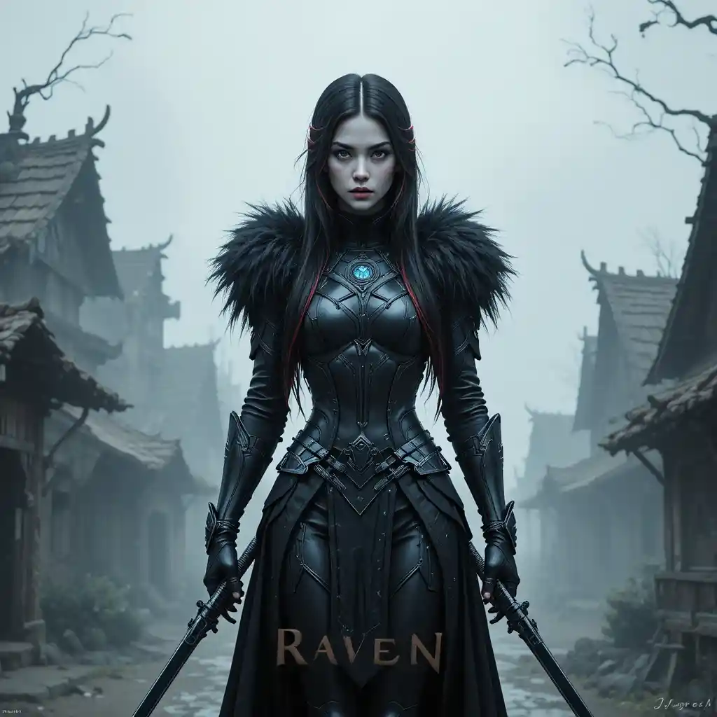 Tall pale warrior woman in armor with twin black swords