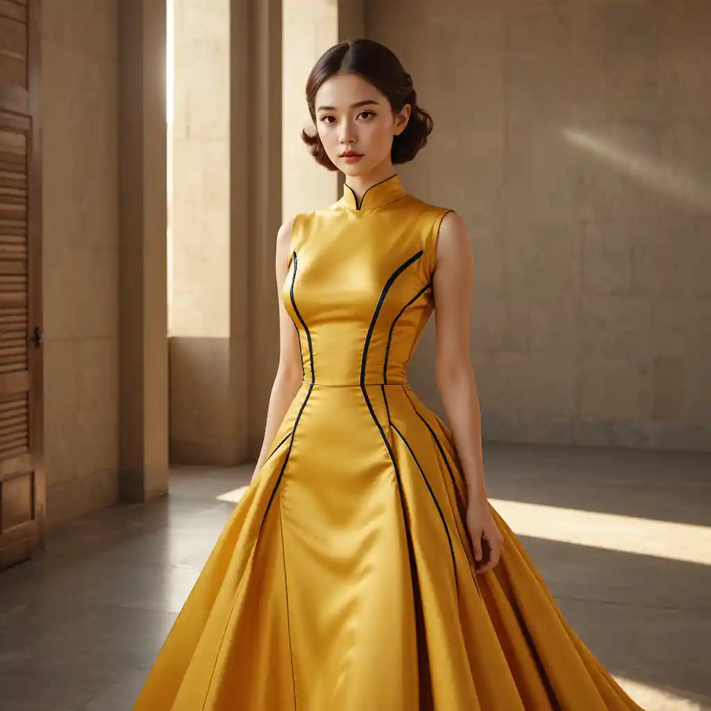 Korean woman in structured yellow new look dress in studio