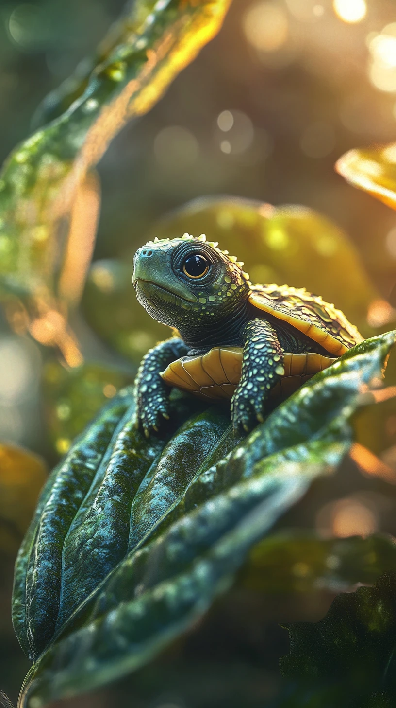 Tiny baby turtle resting on a lush green leaf
