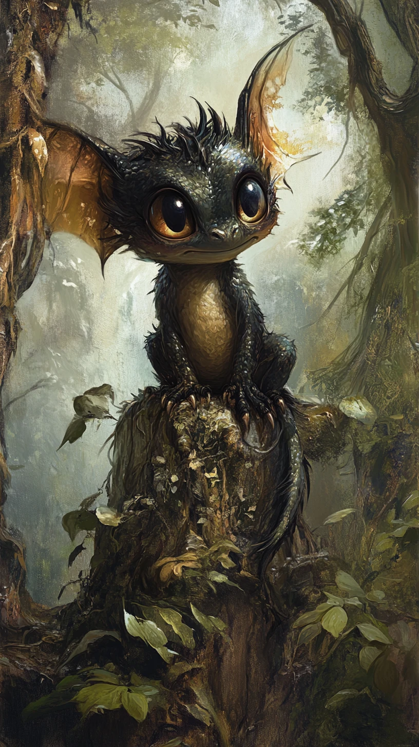 Cute gothic baby dragon perched on gnarled forest root