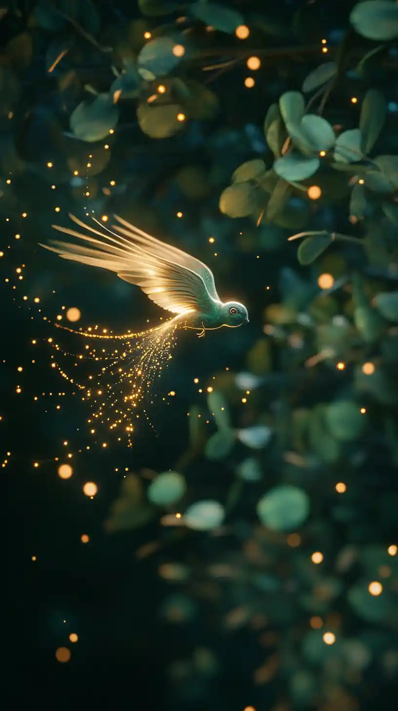 Feathered glider drifting through glowing forest night air
