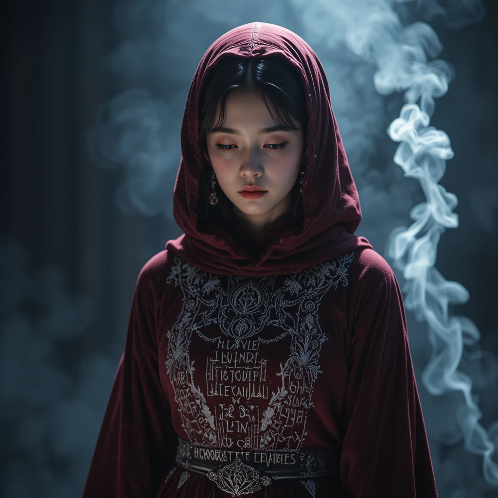 붉은 벨벳 성직 복장을 한 엄숙한 한국인 대학 새내기