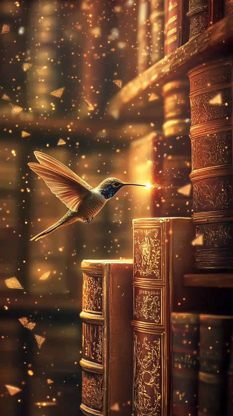 Magical bookshelf glowing in warm golden hour library light